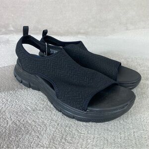 Skechers Flex Appeal 4.0 Womens Sandal Size 9 Black Knit Yoga Foam Slingback NEW